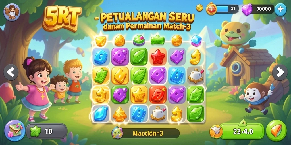 Tangkapan layar gameplay <strong>5RT</strong> yang menampilkan aksi Match-3 yang seru.