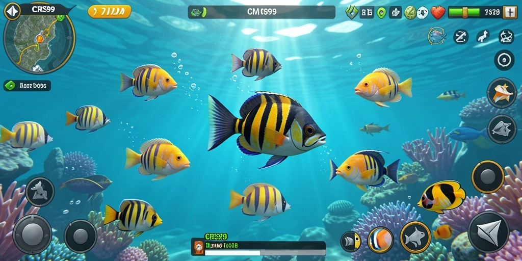 Tampilan gameplay seru di CRS99 dengan berbagai ikan untuk diburu.