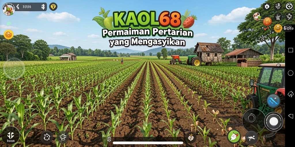 Tampilan gameplay KAOL68 dengan kebun yang indah dan hewan ternak.