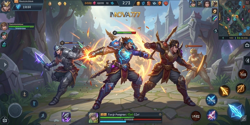 Screenshot gameplay LNOVA777 menampilkan pertarungan heroik dan strategi tim.