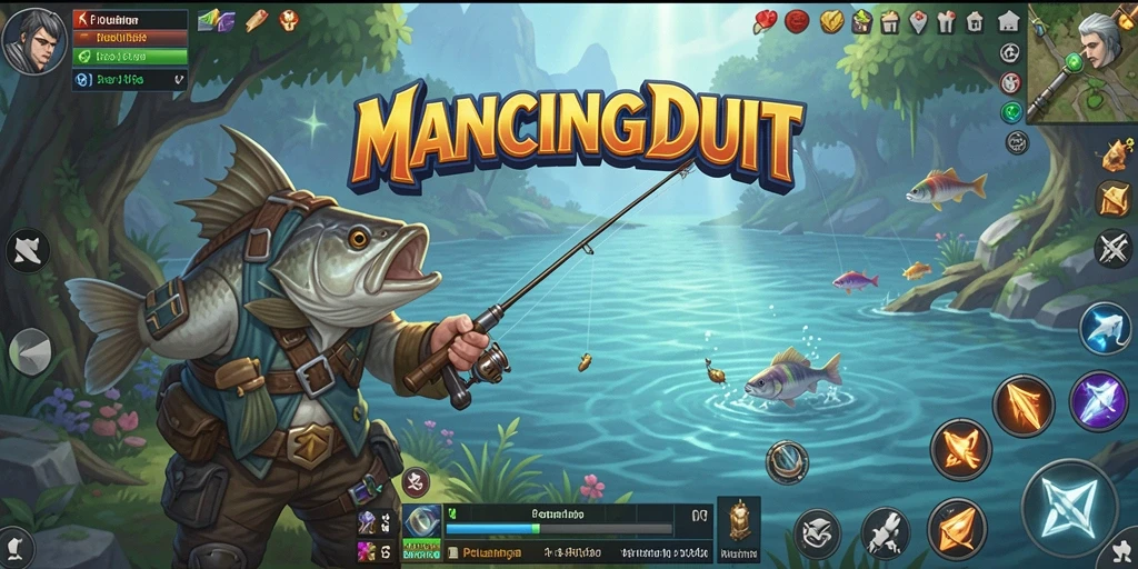 Gameplay MANCINGDUIT dengan aksi memancing dan pertarungan seru.
