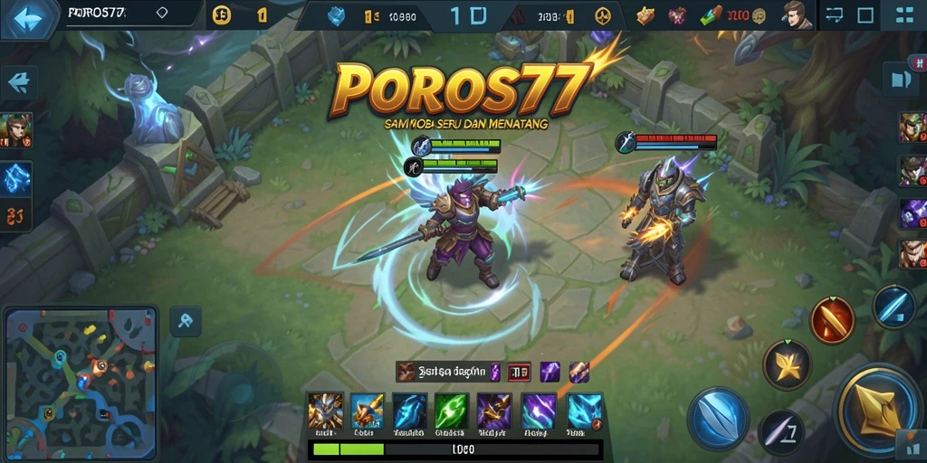 Tampilan seru dari gameplay POROS77 dengan aksi pertempuran MOBA.