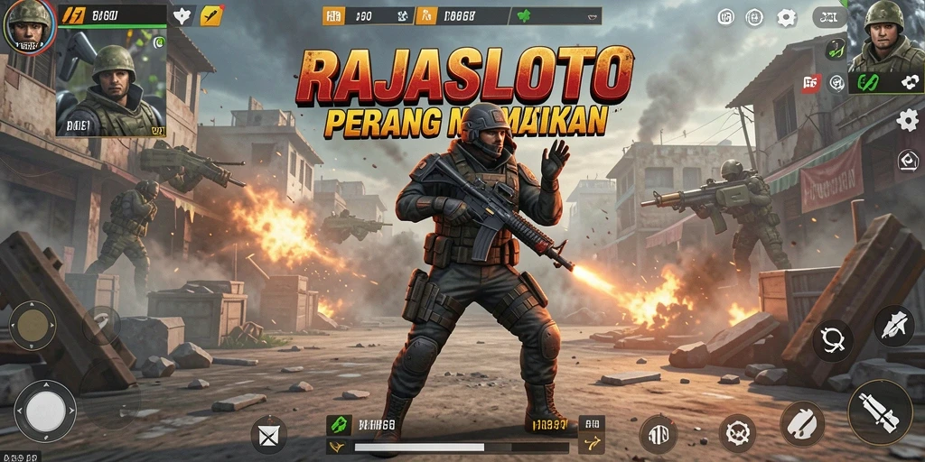 Screenshot gameplay RAJASLOTO menampilkan pertempuran seru di medan perang.