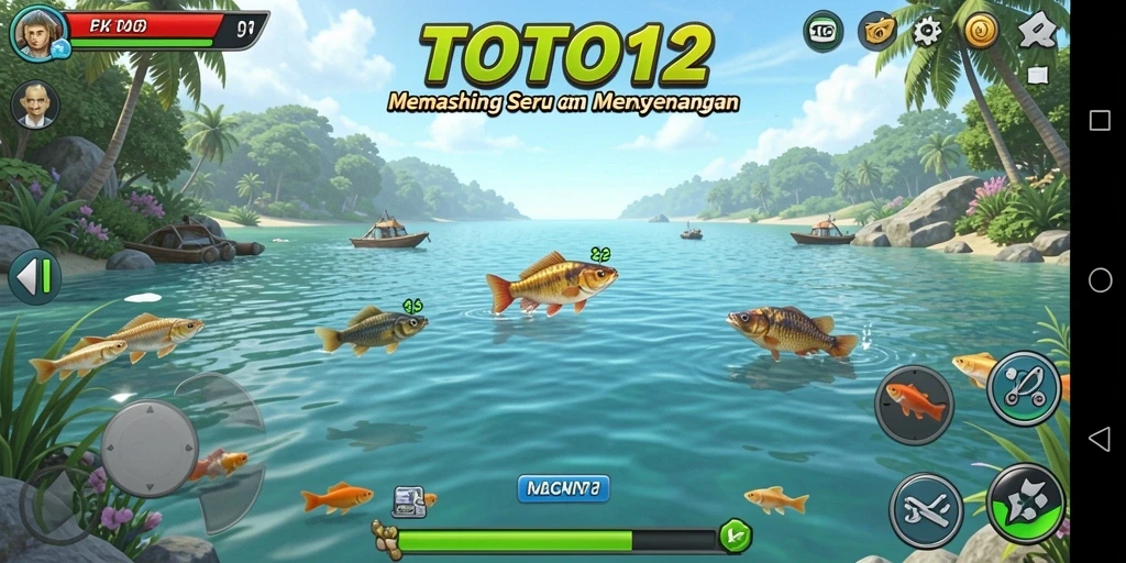 Screenshot TOTO12 menunjukkan gameplay memancing yang mendebarkan dan interaktif.